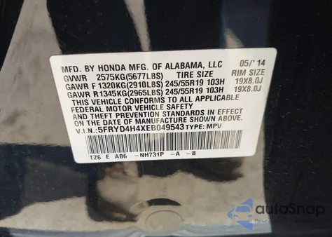2014 Acura Mdx Technology Package from USA, damaged, VIN 5FRYD4H4XEB049543